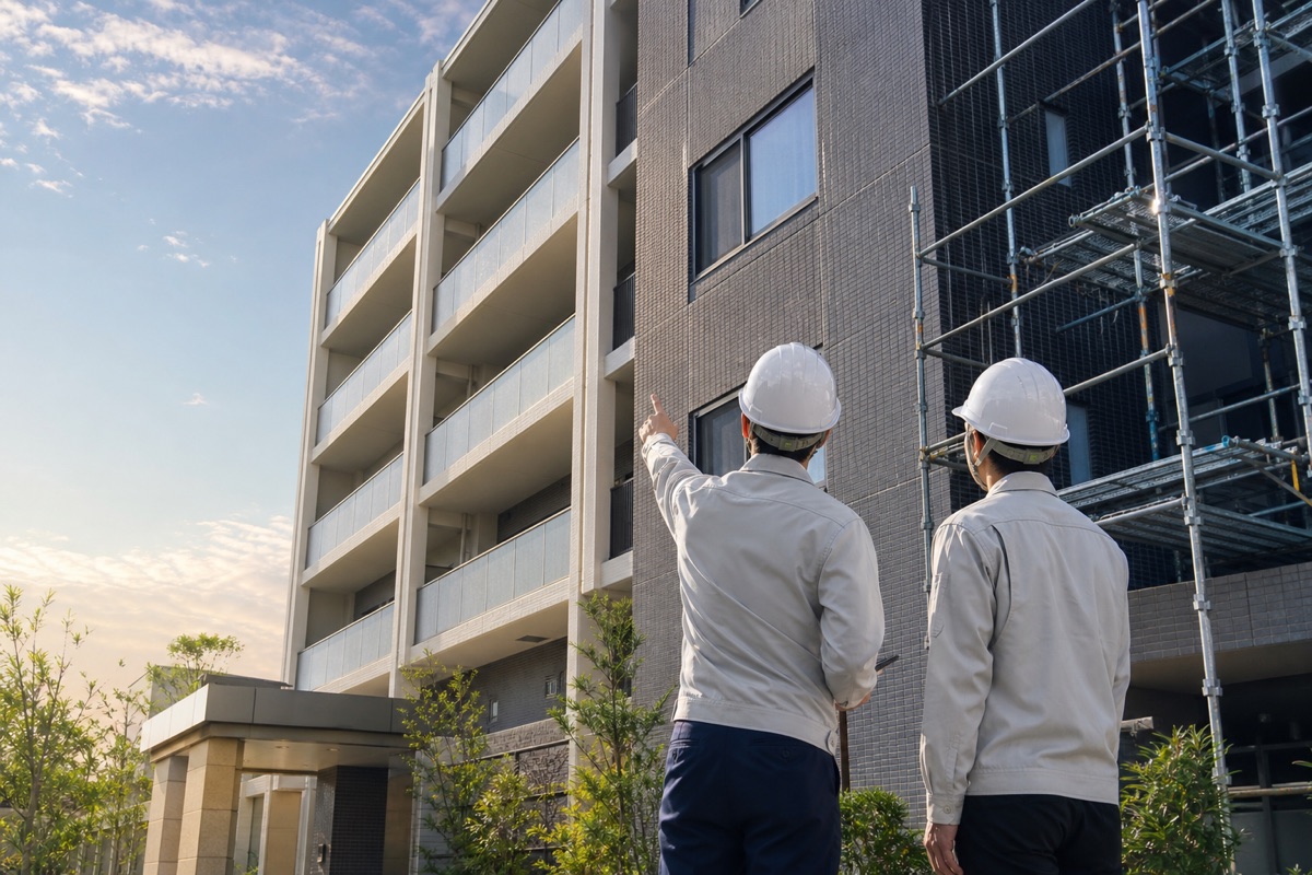 マンション外壁を確認する修繕工事担当者